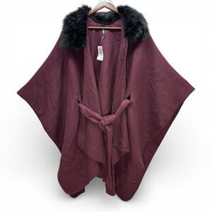 NWT Torrid Belted Cover Up Ruana Wrap Sweater Purple Faux Fur Trim Quiet Luxury